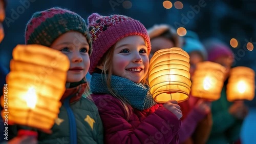 Cheerful children in warm winter coats walk a lantern parade at St. Martins Day, faces glowing from candlelight as families celebrate the German evening tradition together