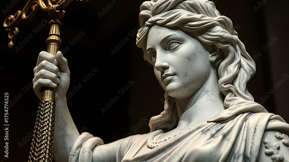 Obraz premium Classical marble statue representing justice, detailed with museum-style lighting for dramatic effect.