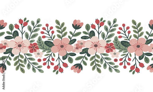Cute Sage-Blush Garden Pattern Panel Vector illustration, textile print, fabric design, easily editable.
