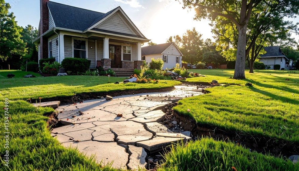 Fototapeta premium A sunny image shows a house with a damaged concrete driveway, grass and trees fill the front yard, suggesting destruction