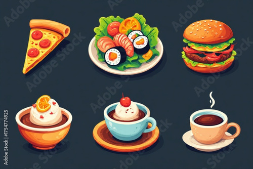 Colorful illustration of various delicious food items and beverages, arranged on a dark background.