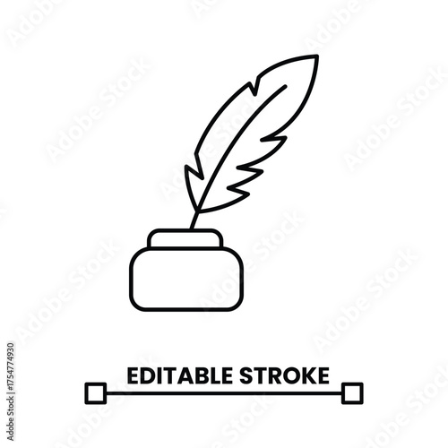 feather quill in inkwell linear line icon. editable stroke line icon vector illustraiton
