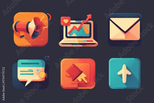 Colorful, stylized icons representing marketing, communication, and digital concepts.