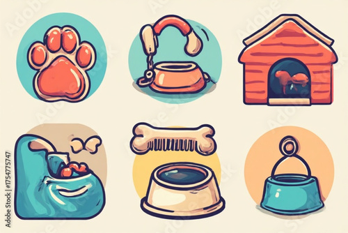 A cartoon illustration showcasing various dog-related items, including paw prints, bowls, and a dog house.