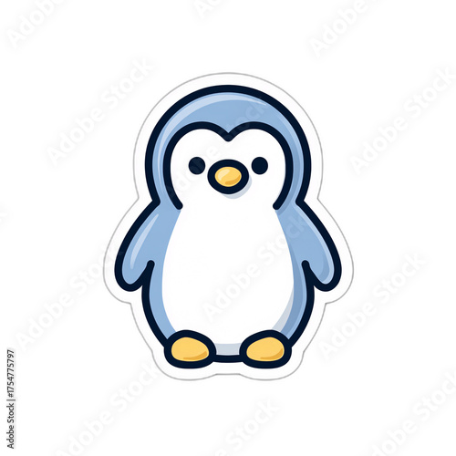 Cute cartoon penguin sticker with blue and white plumage on a black background Adorable animal illustration for kids, design element, or decoration