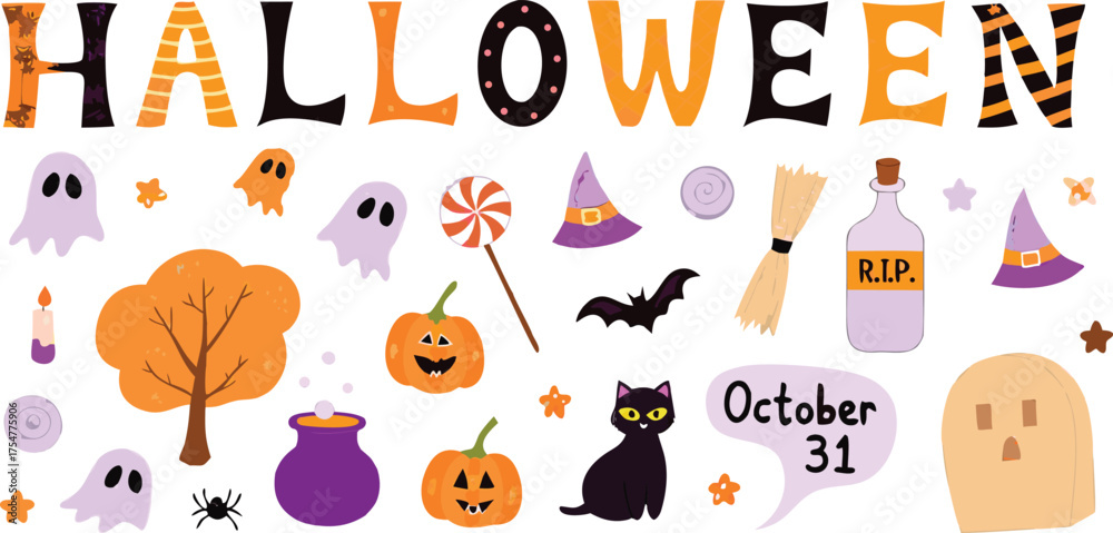 Fototapeta premium Colorful Cute Halloween Elements Collection with Pumpkins, Ghosts, Candy and Decorations