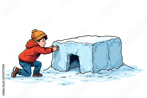 Child building ice fort happily in winter snow landscape