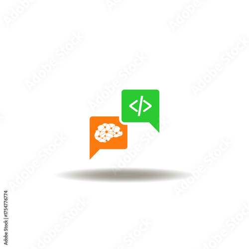 Vector illustration of talk bubbles with brain and code. Symbol of LLM Large Language Model AI Technology.