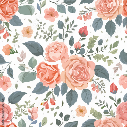 Elegant seamless pattern featuring delicate blush pink roses and lush green foliage on a pristine white background, perfect for textiles and romantic design projects