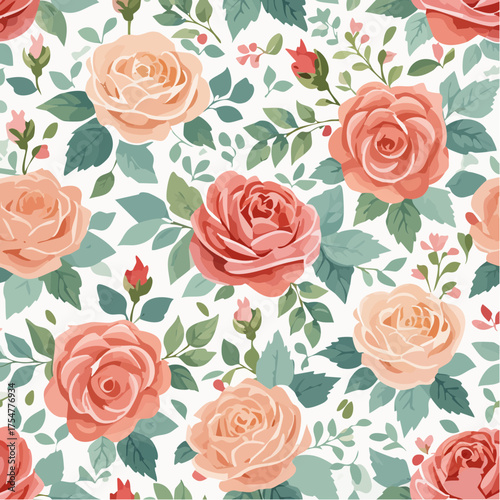 Elegant seamless floral pattern with delicate hand-drawn pink and peach roses and green leaves on a white background