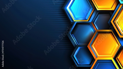 Abstract background with colorful glowing hexagons on dark blue gradient, big data and cyber tech concept in night sky wireframe
