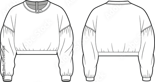 Cropped sweatshirt CAD drawing, flat vector illustration, puff sleeve, buckle neckline, fashion sketch, garment design, front back view, apparel