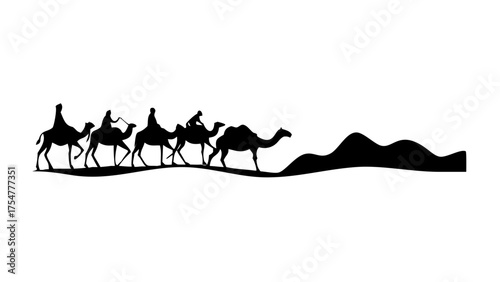 Silhouette of a caravan of camels with riders traveling across the desert landscape in black and white