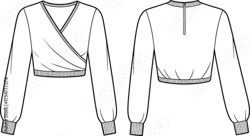 Cropped wrap top CAD drawing, flat vector illustration, puff sleeve, V-neckline, zipper back, fashion sketch, garment design, apparel, stylish