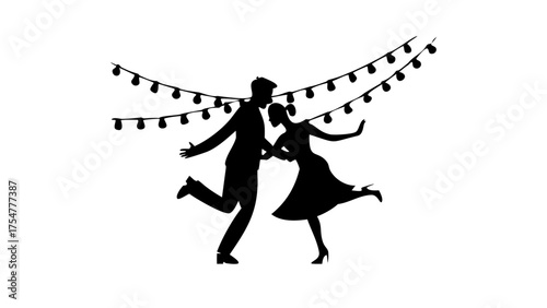 Silhouette of a couple dancing under string lights, creating a romantic and festive atmosphere scene