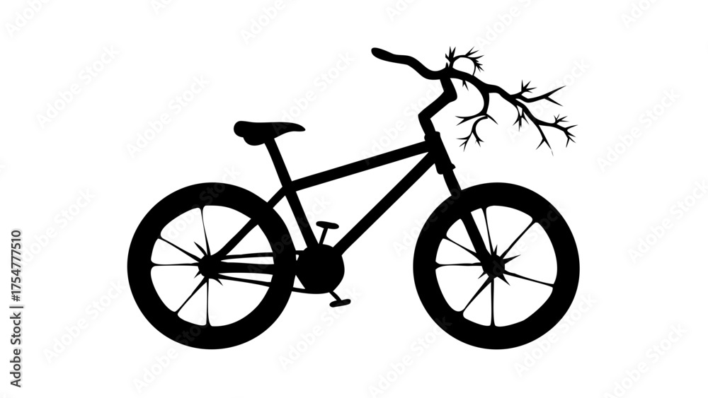 Fototapeta premium Silhouette of a bicycle with a branch as handlebars against a white background in a minimalist style