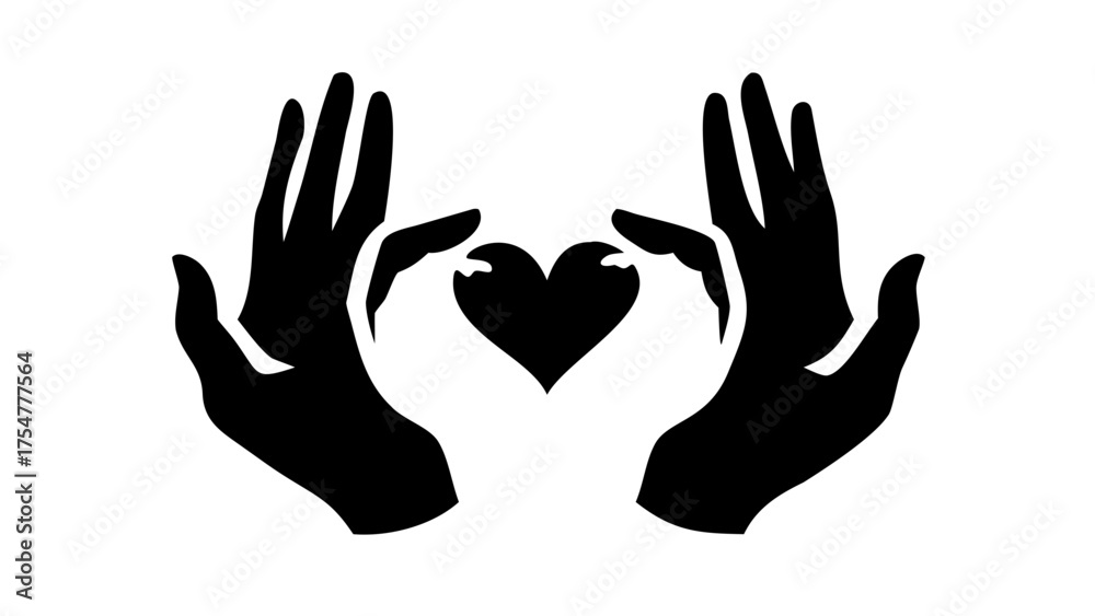 Fototapeta premium Two hands holding a heart shape in black and white illustration with simple and clean design style