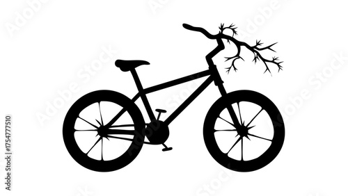 Silhouette of a bicycle with a branch as handlebars against a white background in a minimalist style