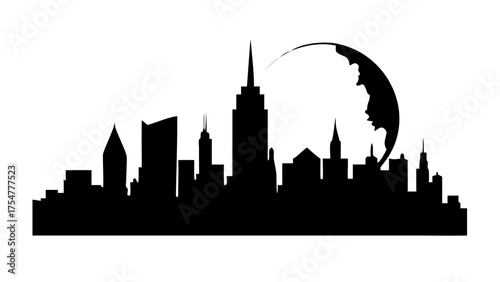 Silhouette of a city skyline with various buildings and a large moon in the background at nighttime view