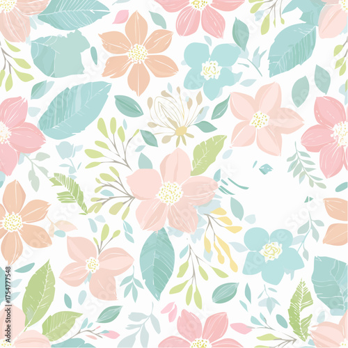 Floral Seamless Pattern Pastel Flowers, Leaves, and Branches on a White Background for Textiles, Wallpaper, and Designs