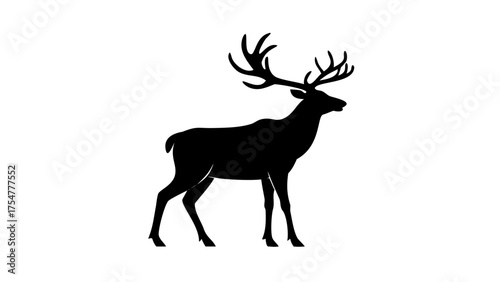 Silhouette of a majestic stag with large antlers standing gracefully on a white background design element