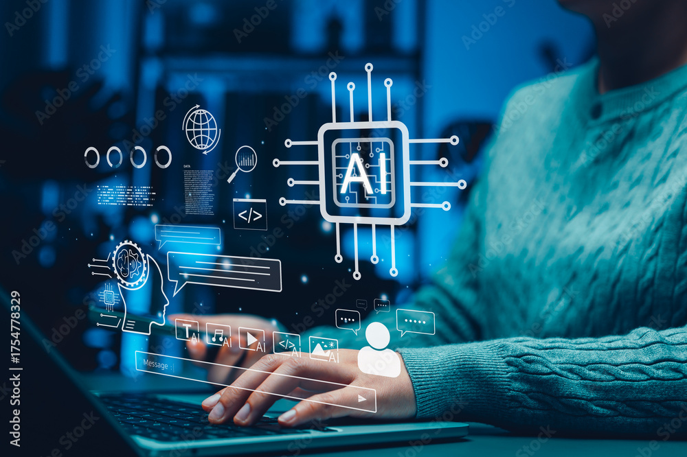 Fototapeta premium Artificial intelligence concept. Person using laptop with digital interface icons and AI processor representing machine learning, chatbot, smart data technology. Ai agent and assistant app, Agentic AI
