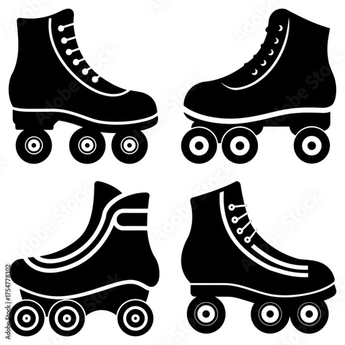 Four roller skates in black and white showing different styles and designs of the wheeled footwear