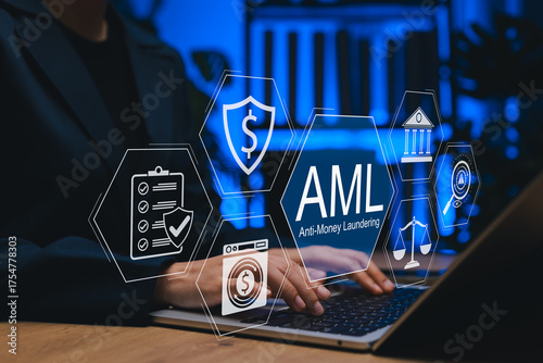 Anti-money laundering (AML) concept with businessperson using laptop and digital icons representing finance security, legal compliance, and regulatory protection against financial crime.