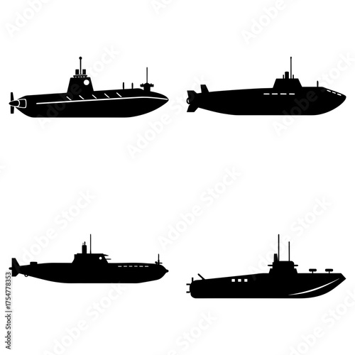 Four different submarine silhouettes displayed against a white background in a grid pattern