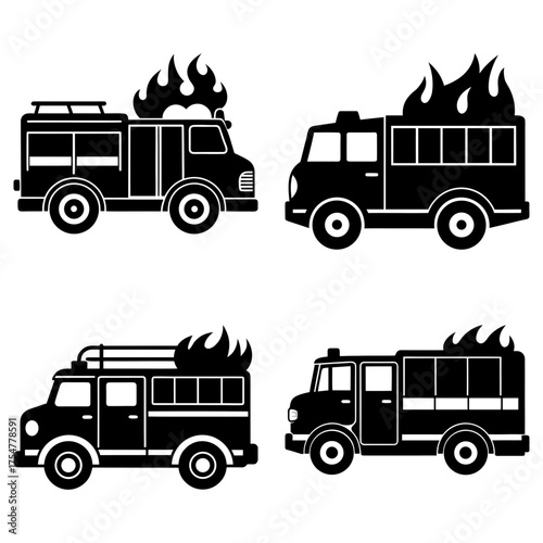 Four black and white fire trucks with flames on top in a vector graphic illustration style image