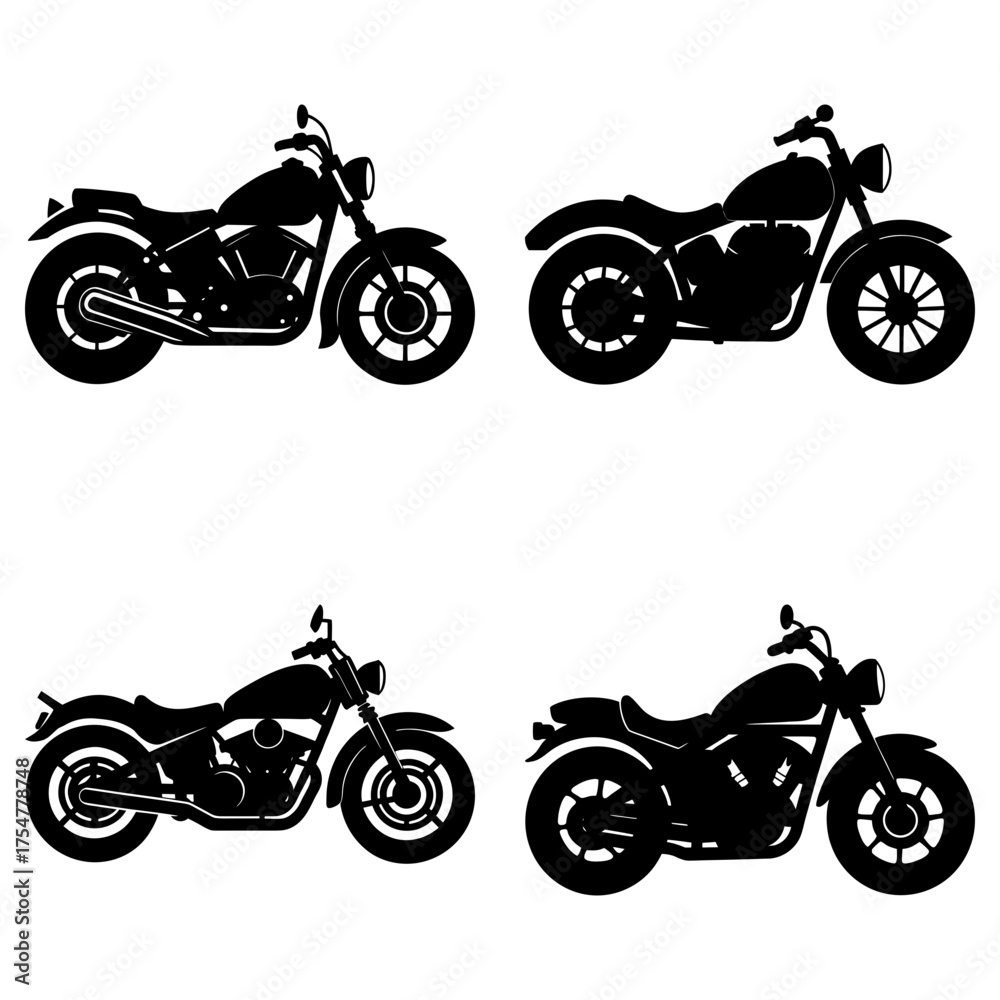 Obraz premium Four black motorcycle silhouettes displayed in a square arrangement on a white background scene