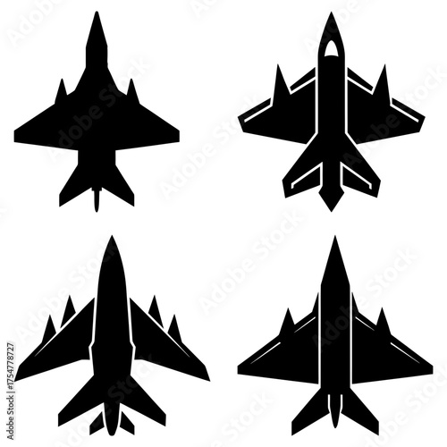 Four different fighter jet silhouettes arranged in a square formation on a white background graphic design