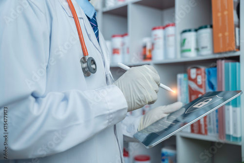 Doctor wearing gloves using digital tablet with cybersecurity lock icon, representing patient data protection, healthcare privacy, and secure medical technology concept.