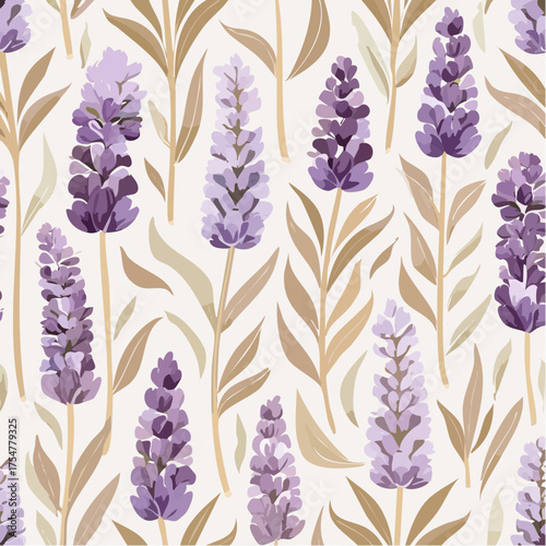 Seamless pattern with elegant lavender flowers and graceful botanical leaves on a light background. Ideal for textile prints, wallpapers, and various digital art projects