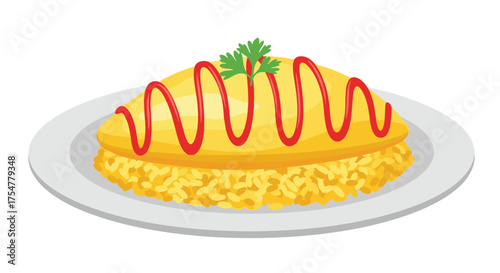 A delicious Japanese omurice dish with ketchup and parsley on a white plate.
