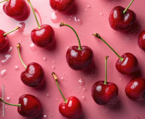 Fresh red cherries with water drops on pink surface. Juicy ripe berries with green stems create summer fruit pattern. Close-up top view of sweet healthy organic food, delicious seasonal snack with