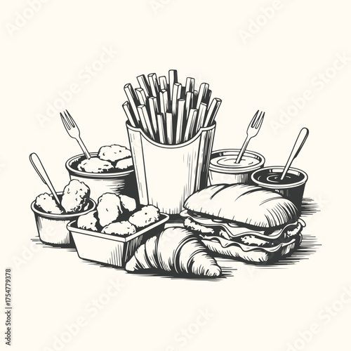 Vector art of a delicious assortment of fast food, including french fries, chicken nuggets, a croissant, and a sandwich, presented in a sketch style