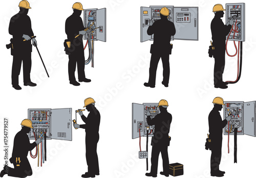 Electrical panel work, technician silhouettes, industrial maintenance poses, black and white vector illustration, wiring inspection graphics, safety helmet workers, engineering task icons
