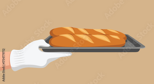 A hand wearing a white glove holds a tray with two loaves of freshly baked bread.