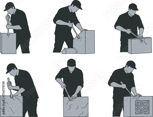 Stone carving process, artisan chiseling sequence, sculptor working with hammer, detailed craft illustration, handmade sculpture creation, black and white vector artwork