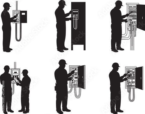 Electrical panel work, technician silhouettes, industrial maintenance poses, black and white vector illustration, wiring inspection graphics, safety helmet workers, engineering task icons