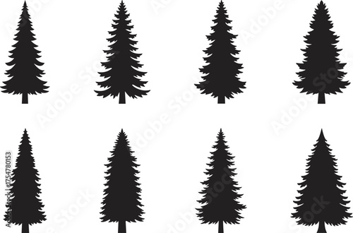 Evergreen tree silhouettes, black forest icons, symmetrical foliage shapes, nature vector graphics, isolated tree forms, landscape design elements, minimal botanical illustrations, pine style