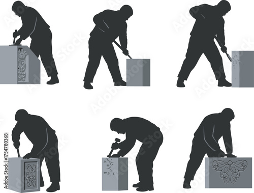 Stone carving process, artisan chiseling sequence, sculptor working with hammer, detailed craft illustration, handmade sculpture creation, black and white vector artwork