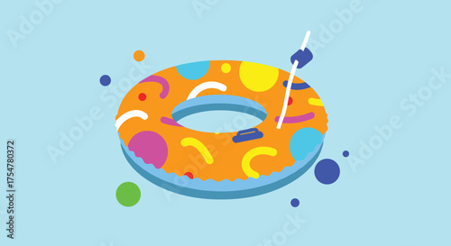 A colorful inflatable ring with a stick pierced through it on a light blue background with small circles floating around it.