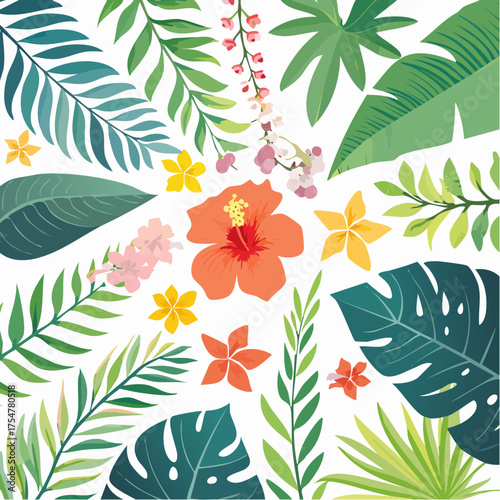 Vibrant tropical flora illustration with various leaves and flowers including hibiscus, ideal for designs with nature elements