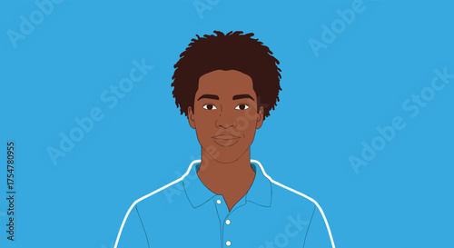 A smiling young man with curly hair and a blue shirt against a bright blue background.