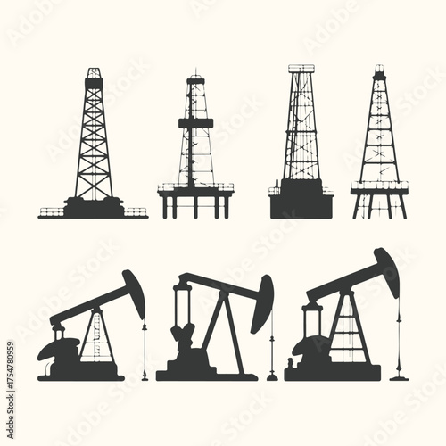 Vector art of set of oil pump jacks and drilling rigs silhouettes, industrial oil extraction equipment