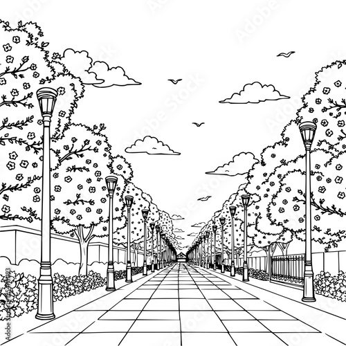 Minimilist illustration of a park pathway lined with trees streetlights and clouds in a black and white drawing vector