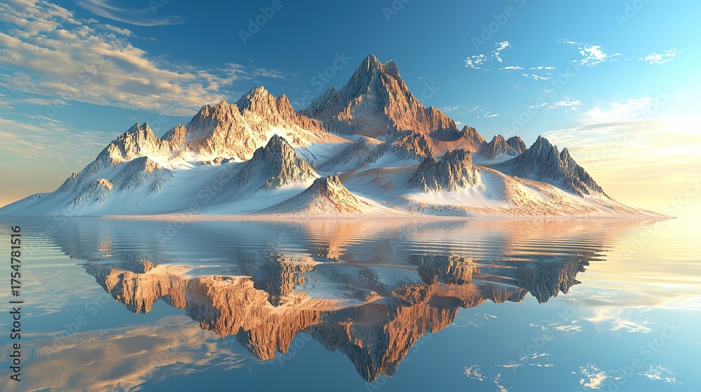 Obraz premium Abstract landscape with sharp mountain peaks, water reflections, blue sky & golden hour lighting, 3D high-resolution rendering 