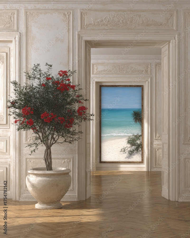 Fototapeta premium Elegant interior with flowering plant and ocean view artwork.